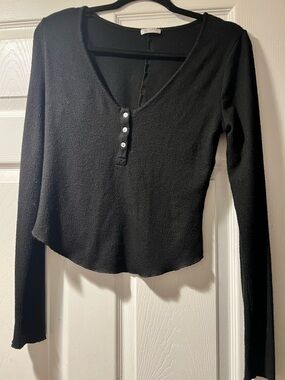 Free People Black Ribbed V-Neck Henley Long Sleeve Top